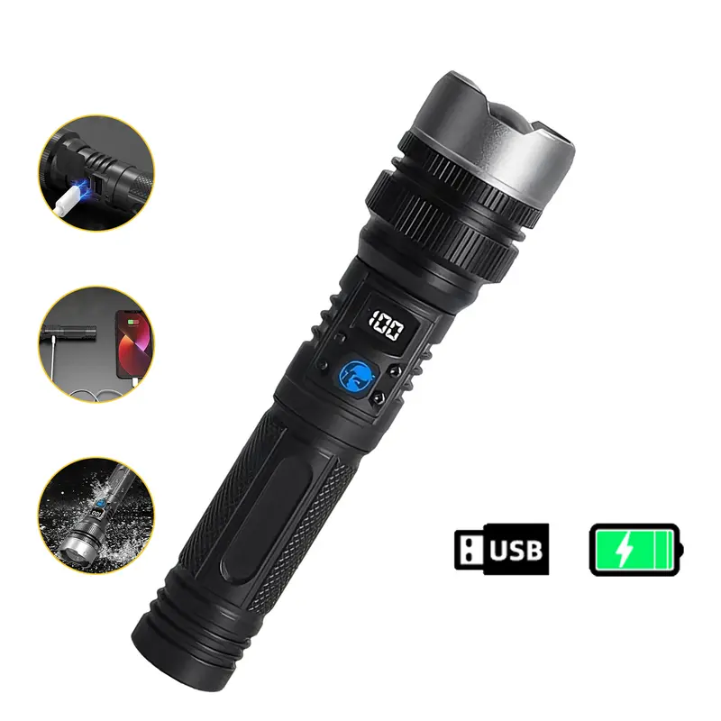 2-in-1 Rechargeable LED Flashlight with Power Bank, Digital Battery Display, Adjustable Brightness, Zoomable Beam & Waterproof Design for Camping, Hiking and Emergencies