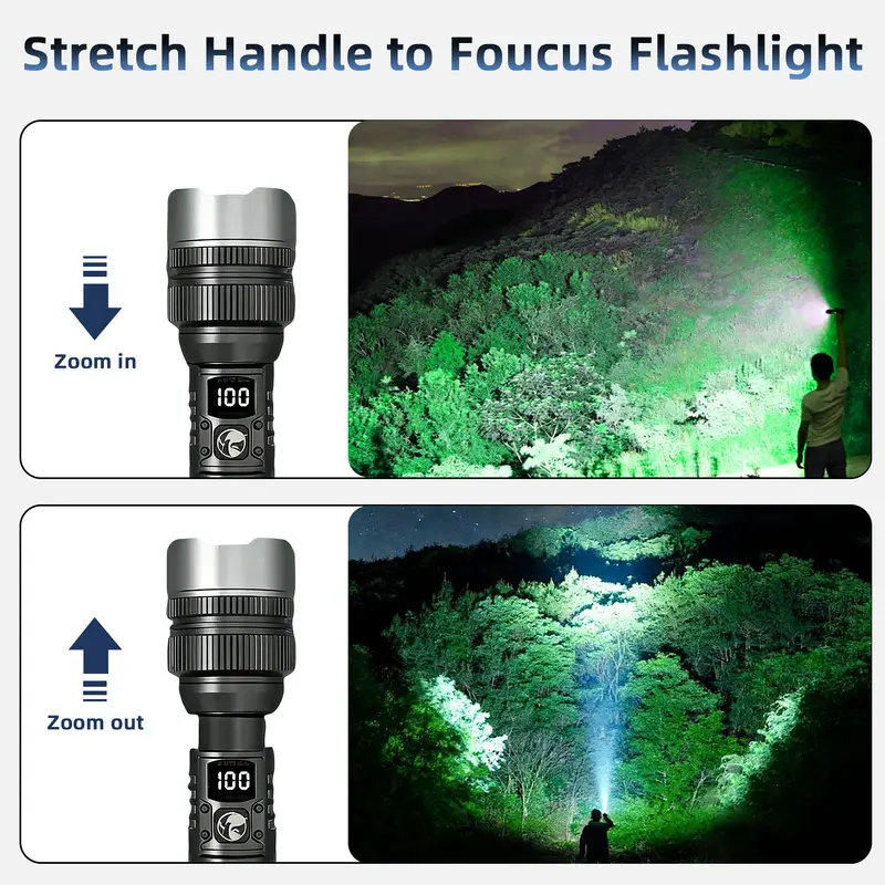 2-in-1 Rechargeable LED Flashlight with Power Bank, Digital Battery Display, Adjustable Brightness, Zoomable Beam & Waterproof Design for Camping, Hiking and Emergencies
