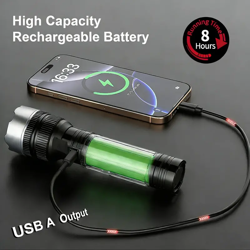 2-in-1 Rechargeable LED Flashlight with Power Bank, Digital Battery Display, Adjustable Brightness, Zoomable Beam & Waterproof Design for Camping, Hiking and Emergencies