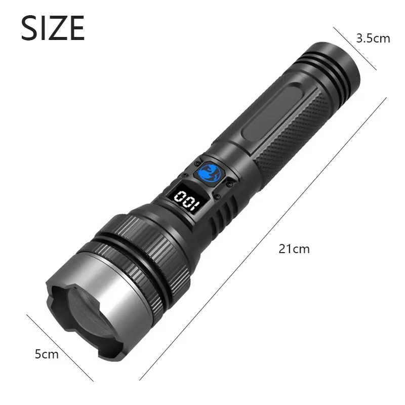 2-in-1 Rechargeable LED Flashlight with Power Bank, Digital Battery Display, Adjustable Brightness, Zoomable Beam & Waterproof Design for Camping, Hiking and Emergencies