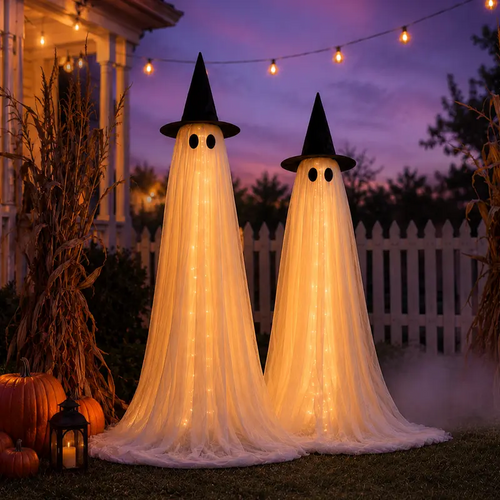 2-Pack 5FT Ghost Halloween Decorations with String Lights – Wind-Resistant Outdoor Indoor Decor with Water Bags & Hats for Garden, Porch & Yard
