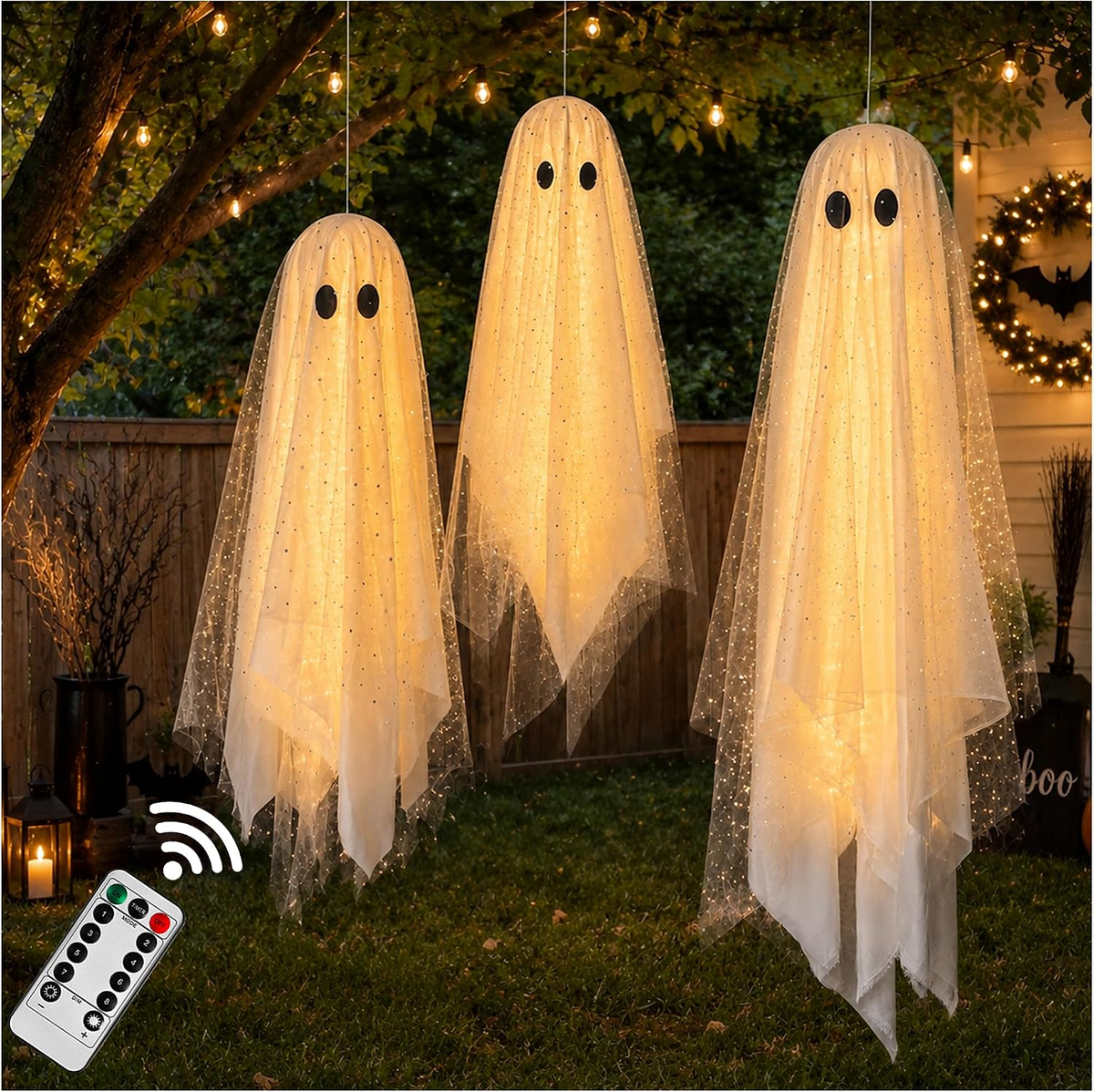 2-Pack 5FT Ghost Halloween Decorations with String Lights – Wind-Resistant Outdoor Indoor Decor with Water Bags & Hats for Garden, Porch & Yard