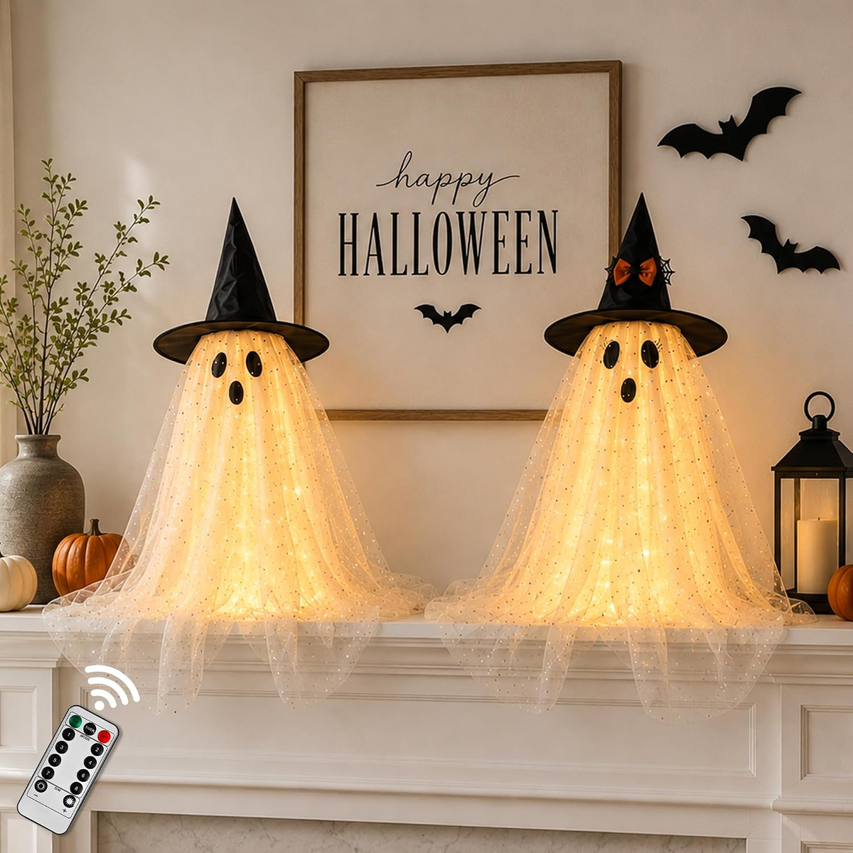 2-Pack 5FT Ghost Halloween Decorations with String Lights – Wind-Resistant Outdoor Indoor Decor with Water Bags & Hats for Garden, Porch & Yard
