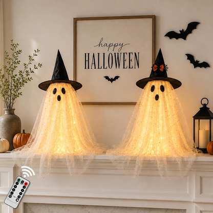 2-Pack 5FT Ghost Halloween Decorations with String Lights – Wind-Resistant Outdoor Indoor Decor with Water Bags & Hats for Garden, Porch & Yard