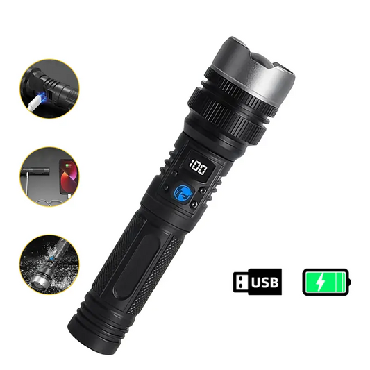 2-in-1 Rechargeable LED Flashlight with Power Bank, Digital Battery Display, Adjustable Brightness, Zoomable Beam & Waterproof Design for Camping, Hiking and Emergencies