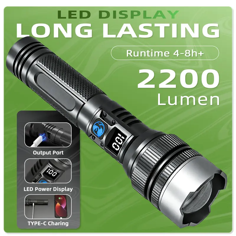 2-in-1 Rechargeable LED Flashlight with Power Bank, Digital Battery Display, Adjustable Brightness, Zoomable Beam & Waterproof Design for Camping, Hiking and Emergencies