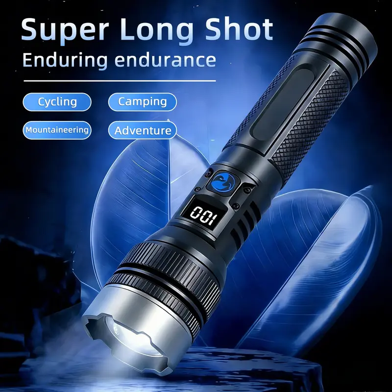2-in-1 Rechargeable LED Flashlight with Power Bank, Digital Battery Display, Adjustable Brightness, Zoomable Beam & Waterproof Design for Camping, Hiking and Emergencies
