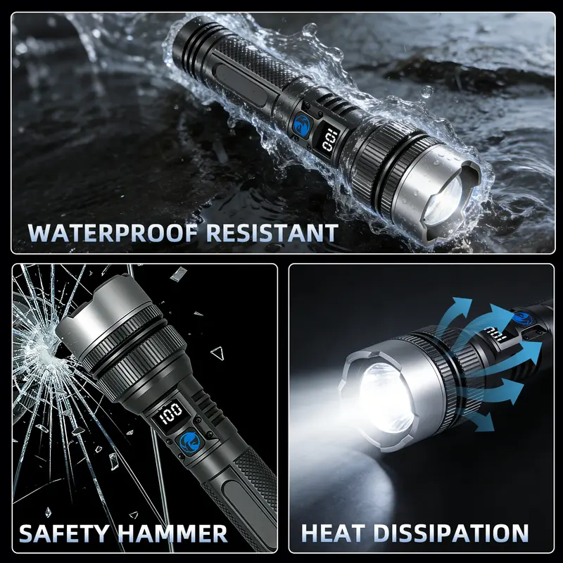 2-in-1 Rechargeable LED Flashlight with Power Bank, Digital Battery Display, Adjustable Brightness, Zoomable Beam & Waterproof Design for Camping, Hiking and Emergencies