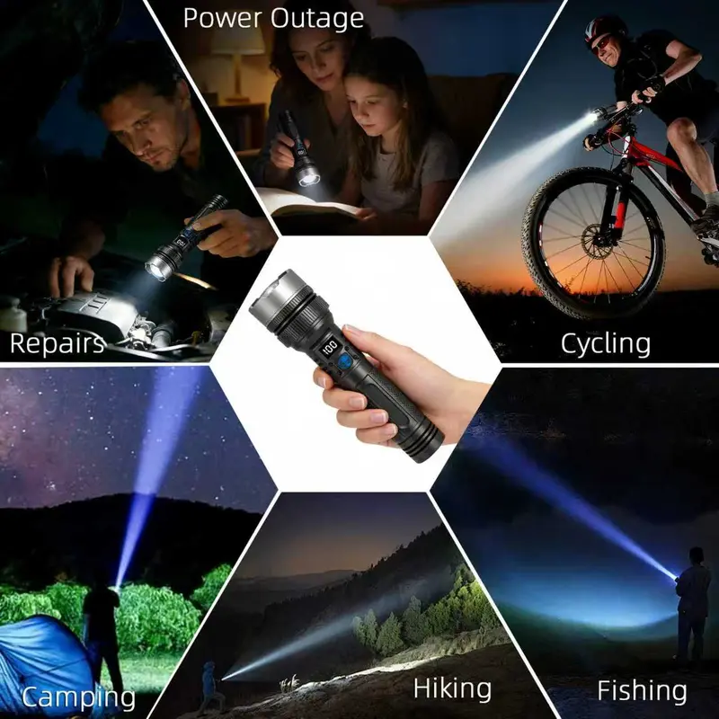 2-in-1 Rechargeable LED Flashlight with Power Bank, Digital Battery Display, Adjustable Brightness, Zoomable Beam & Waterproof Design for Camping, Hiking and Emergencies