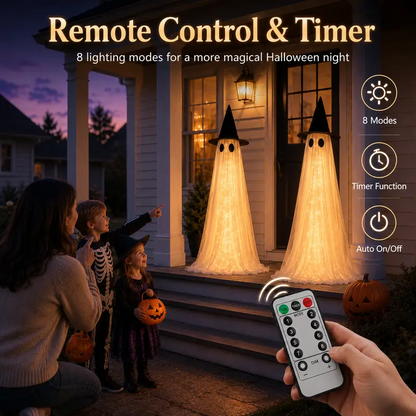 2-Pack 5FT Ghost Halloween Decorations with String Lights – Wind-Resistant Outdoor Indoor Decor with Water Bags & Hats for Garden, Porch & Yard