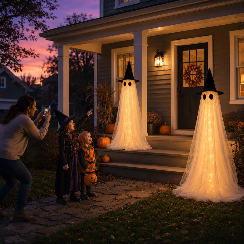 2-Pack 5FT Ghost Halloween Decorations with String Lights – Wind-Resistant Outdoor Indoor Decor with Water Bags & Hats for Garden, Porch & Yard