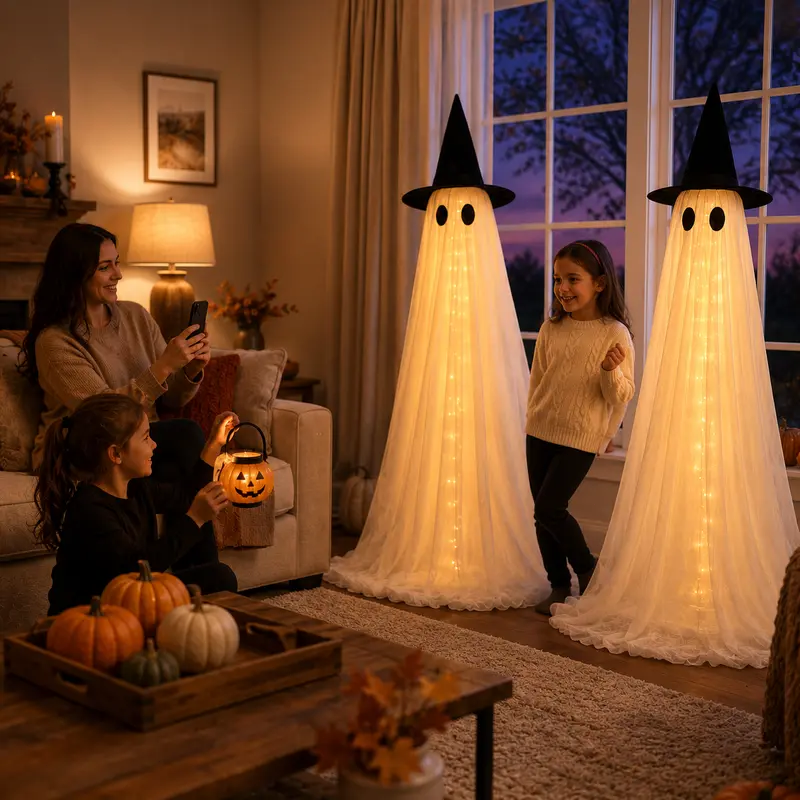2-Pack 5FT Ghost Halloween Decorations with String Lights – Wind-Resistant Outdoor Indoor Decor with Water Bags & Hats for Garden, Porch & Yard