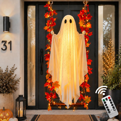 2-Pack 5FT Ghost Halloween Decorations with String Lights – Wind-Resistant Outdoor Indoor Decor with Water Bags & Hats for Garden, Porch & Yard